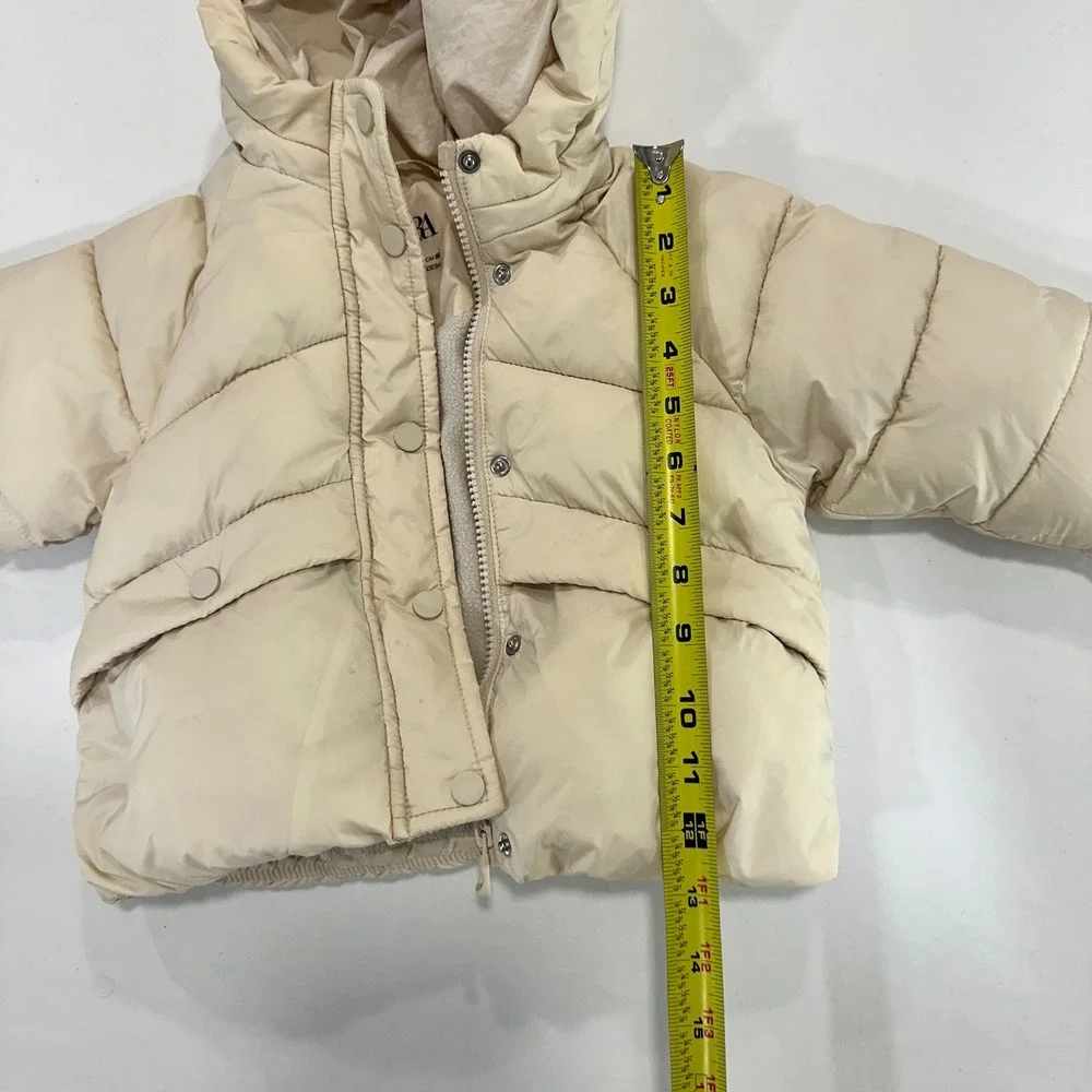 Zara Hooded‎ Puffer Jacket Kids 9-12 Months Cream Fleece Lined | Minimalist